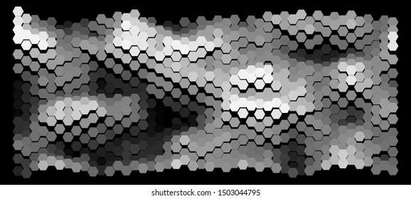 Abstract wavy surface consisting of hexagons of different colors against black background. Beautiful geometric composition. Vector illustration of a mosaic pattern. Hexagonal backdrop.