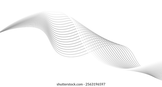 Abstract wavy technology curve lines on transparent background isolated. Grey wave swirl, frequency sound wave, twisted curve lines with blend effect.