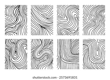 Abstract wavy thin lines overlay template collection. Hand drawn fluid shapes background set.