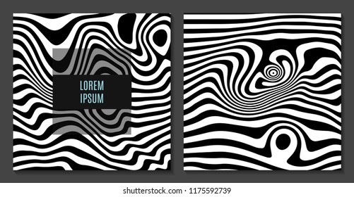 Abstract wavy twisted distorted lines. Black and white texture background. Futuristic vector illustration.