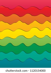 Abstract wavy vector background for design. Bright cartoon vector multilayer 3D background of wavy lines of rainbow colors. Material design
