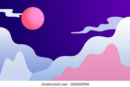 Abstract wavy vector background with winter landscape Snowy mountains on dark sky background with full moon and clouds