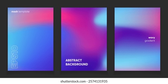 Abstract wavy violet purple background card set with gradient mesh. Blurred fluid colorful background. Modern design template for web covers, ad banners, posters, brochures etc