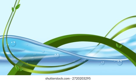 Abstractas agua ondulada rodeada de curvas vegetales verdes, que simbolizan la dependencia humana del agua y el papel de la vegetación en la unión de la tierra para evitar inundaciones y deslizamientos de tierra.