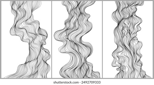 Abstract wavy, waving, billowy and squiggly lines hand drawn collection.  Line art  illustration wavy background set. Ink painting style composition for decoration.