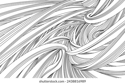 Abstract wavy, waving, billowy and undulating lines wallpaper. Curving, squiggly lines with twist effect black and white background.