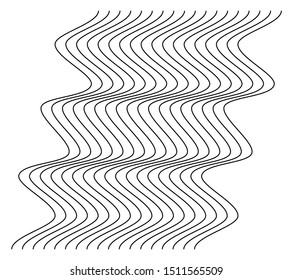 Abstract wavy, waving (zigzag) lines element. Vertical lines, stripes with billowy, undulate distortion effect. Curvy, squiggle parallel stripes. Oscillation, pulse warp effect element