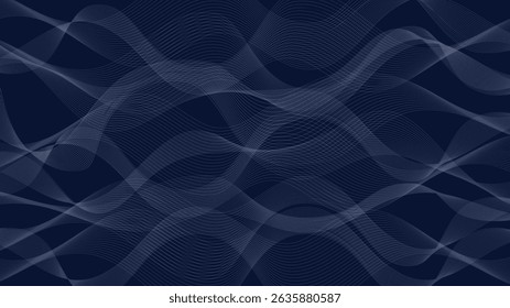 Linhas brancas onduladas abstratas no fundo azul escuro, padrão de fluxo contínuo, vetor moderno, papel de parede digital