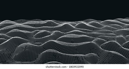 Abstract wavy wireframe on black background. Banner for scientific and technology Vector illustration.
