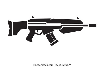 Abstract weapon symbol inspired shape, nonfunctional gun silhouette, black flat vector on white background, modern icon design, clean simple form