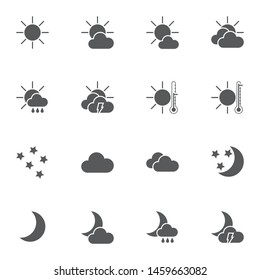 Abstract weather vector icons set, modern solid symbol collection, filled style pictogram pack. Signs, logo illustration. Set includes icons as clear night, cloudy day, overcast, thermometer, clouds