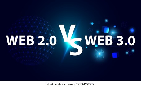 Resumen Web 2.0 Static Page Web Server o Browser y Web 3.0 Inteligencia artificial semántica AI y concepto de comparación descentralizada. Sobre fondo azul. Futurista, hermoso, moderno