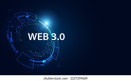 Abstract, Web 3.0 and blockchain circle, Technology or Concept to Develop Web Links, Decentralized, Bottom-up Design, Consensus on Blue Background. Modern digital, futuristic