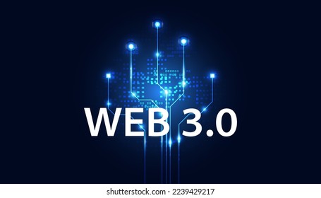 Abstract, Web 3.0 and blockchain link, Technology or Concept to Develop Web Links, Decentralized, Design, Consensus on Blue Background. Modern digital, futuristic