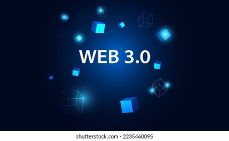 Abstract, Web 3.0 and blockchain square, Technology or Concept to Develop Web Links, Decentralized, Bottom-up Design, Consensus on Blue Background. Modern digital, futuristic