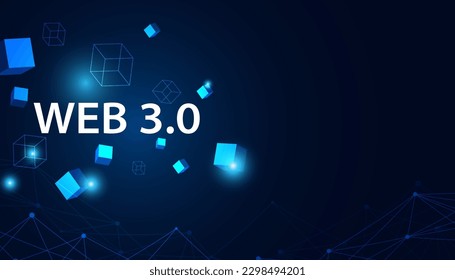 Abstract, Web 3.0 and blockchain square, Technology or Concept to Develop Web Links, Decentralized, Bottom-up Design, Consensus on Blue Background. Modern digital, futuristic