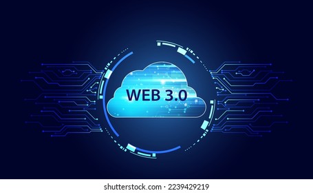 Resumen, Web 3.0 nube y círculo de bloqueo, Tecnología o Concepto para el Desarrollo de Enlaces Web, Descentralizados, Diseño de abajo arriba, Consenso sobre fondo azul. Digital moderno, futurista