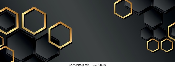Antecedentes de la web abstracta, conjunto de hexágonos dorados sobre fondo gris oscuro - Ilustración vectorial
