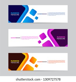 Abstract Web Banner Collection. Modern style, gradient color, horizontal business banner template with geometric shapes. Business background with blue, orange and purple color. Vector illustration.