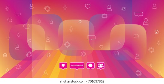 Abstract web banner multicolored with followers icons, social media buttons, heart icon, follower logo. Dynamic perspective shapes, sunset color gradient background. Modern design Vector illustration