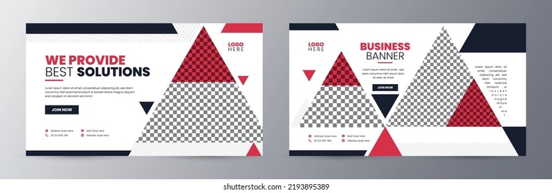 Resumen de plantilla de banner web con elementos modernos y formas triangulares fondo, anuncios de portadas de medios sociales Diseño de vectores de pancarta, fondo de cabecera para diseño de sitio web