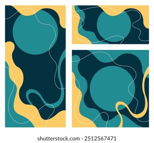 Abstract web banners or layouts set with different aspect ratio for advertising or social media posts. Wavy shapes in flat colors with circular copy space