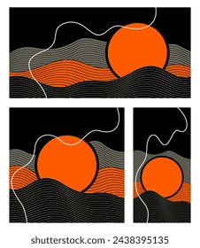 Abstract web banners set with different aspect ratio for advertising or social media posts. Wavy shapes with circular copy space. Orange, black and grey colors