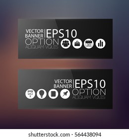 Abstract web horizontal banners in black color with icons on blurred background isolated vector illustration