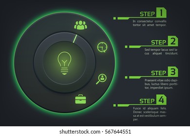 Abstract web infographic concept with round button green backlight options and icons on dark background vector illustration