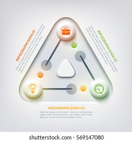 Abstract web infographic concept with triangle panel switch colorful sliders three options and business icons vector illustration