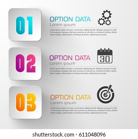 Abstract web infographic template with light squares three options and business icons on gray background vector illustration