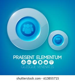 Abstract web infographic template with light glass round buttons and business icons on blue background vector illustration