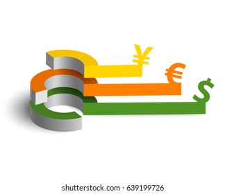 Abstract web infographic template with three colorful 3d objects and currency signs isolated vector illustration
