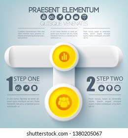 Abstract web infographic template with two steps business icons on yellow circles and gray rectangles vector illustration