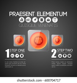Abstract web infographics with red round buttons in gray glass squares and business icons vector illustration