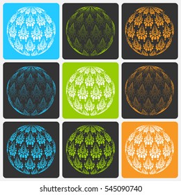 Abstract web orb Icons and stylized japan lotus flower globe vector logos. Set of color sphere