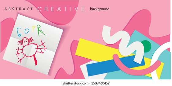 Abstract web template with wavy cut out of paper layered shapes with realistic shadow. Social media web banner on the theme of children's creativity. Vector,  eps 10