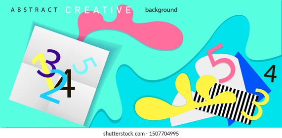Abstract web template with wavy cut out of paper layered shapes with realistic shadow. Social media web banner on the theme of children's creativity. 
Vector,  eps 10
