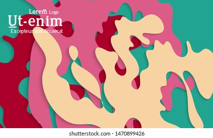 Abstract web templates with wavy cut out of paper layered shapes with realistic shadow. Social media web banner. Bright colored isolated. Overlapping paper cut shapes on gradient background.