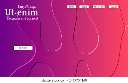 Abstract web templates with wavy embossed shapes on bright colored gradient background. Social media web banner or landing page. Fluid lighting effect with smooth liquid colors.