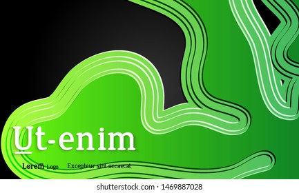 Abstract web templates with wavy embossed gradient shapes on black background. Social media web banner or landing page. Abstract paper cut 3d layered topographic background.