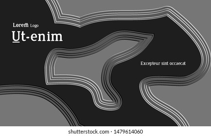 Abstract web templates with wavy embossed gradient shapes on black background. Social media web banner or landing page. Abstract paper cut 3d layered topographic background.