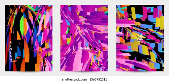 Abstract web templates with wavy embossed shapes on bright colored gradient background. Social media web banner or landing page. Fluid lighting effect with smooth liquid colors.