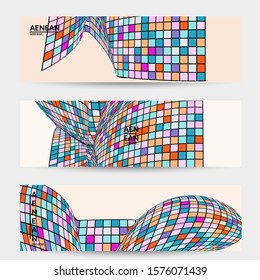 Abstract web templates with wavy embossed shapes on bright colored gradient background. Social media web banner or landing page. Fluid lighting effect with smooth liquid colors.