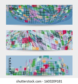 Abstract web templates with wavy embossed shapes on bright colored gradient background. Social media web banner or landing page. Fluid lighting effect with smooth liquid colors.