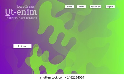 Abstract web templates with wavy overlapping gradient shapes on bright colored background. Social media web banner or landing page. Fluid lighting effect with smooth liquid colors. 