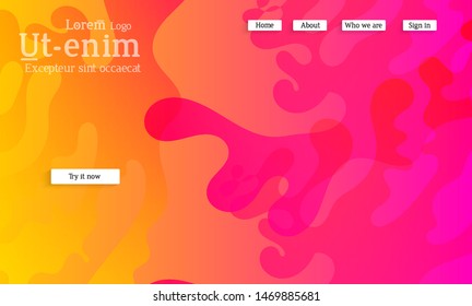 Abstract web templates with wavy overlapping gradient shapes on bright colored background. Social media web banner or landing page. Fluid lighting effect with smooth liquid colors. 
