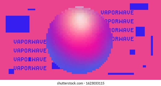 Abstract webpunk and vaporwave style illustration with sphere on pixelated glitched background.