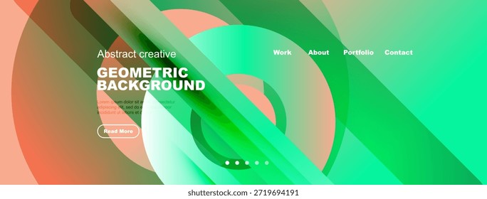 Abstract website header design. Geometric shapes, vibrant colors, navigation menu present. Modern aesthetic, clean layout.
