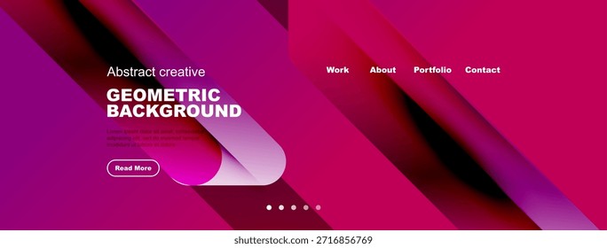 Design abstrato do cabeçalho do site. Rosa, gradientes roxos dominam. Fundo geométrico dos detalhes do texto, navegação presente. Estética simples e moderna.